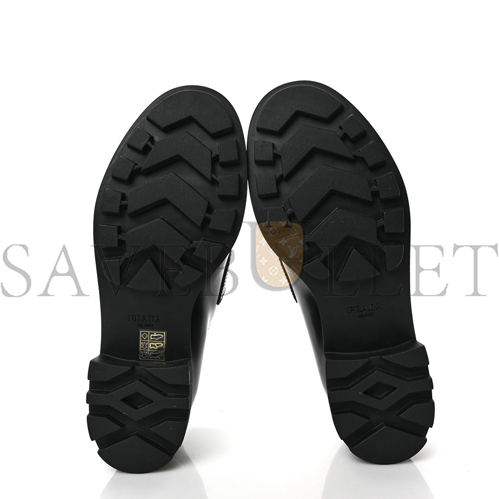 PRADA SPAZZOLATO METAL TRIANGLE LOGO 50MM LUG SOLE LOAFERS 39 BLACK