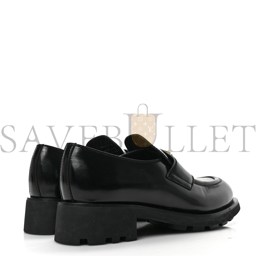 PRADA SPAZZOLATO METAL TRIANGLE LOGO 50MM LUG SOLE LOAFERS 39 BLACK