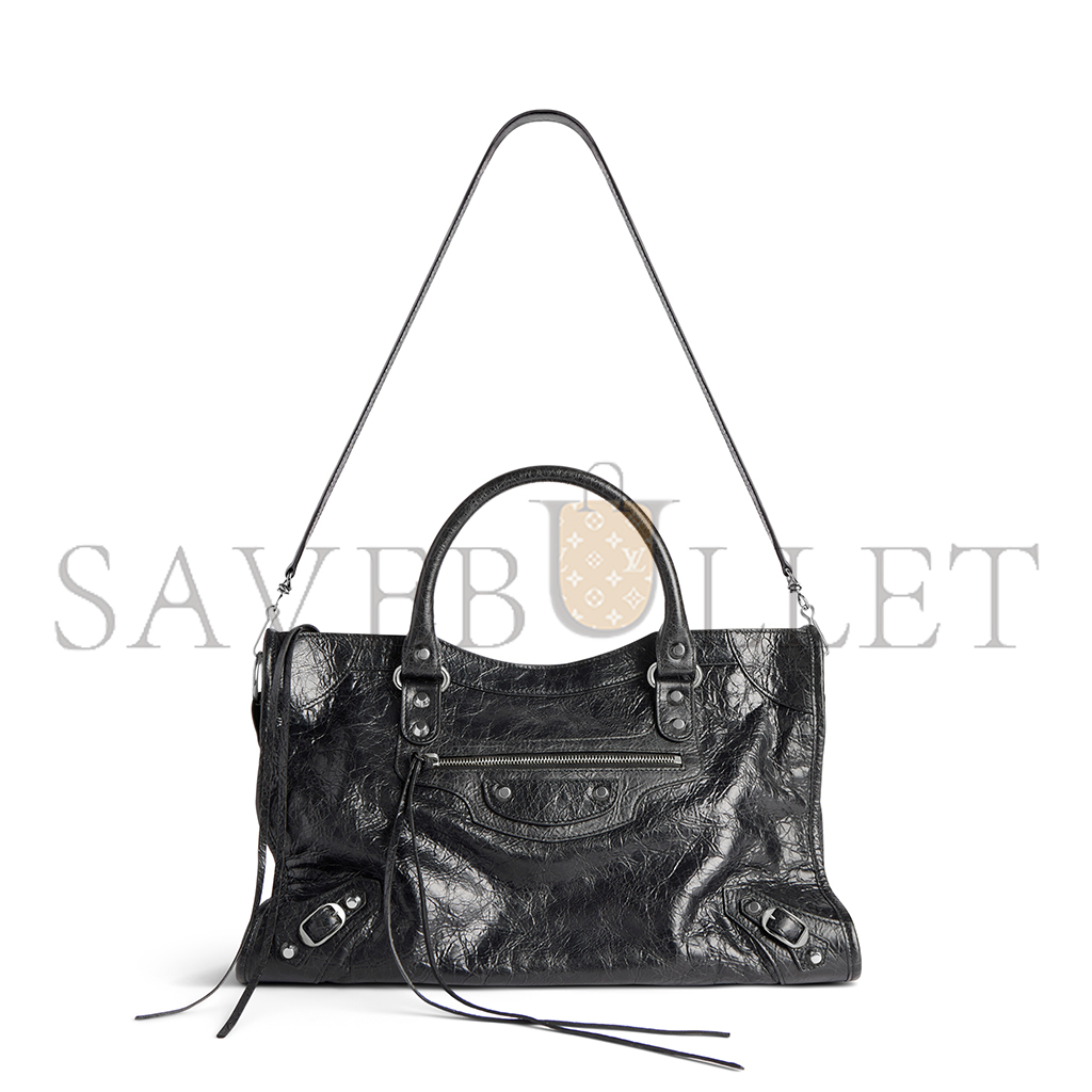 BALENCIAGA LE CITY MEDIUM BAG IN BLACK ARENA LAMBSKIN, SHINY SILVER HARDWARE 7977862AA9S1000 (29.9*19.1*9.9cm)