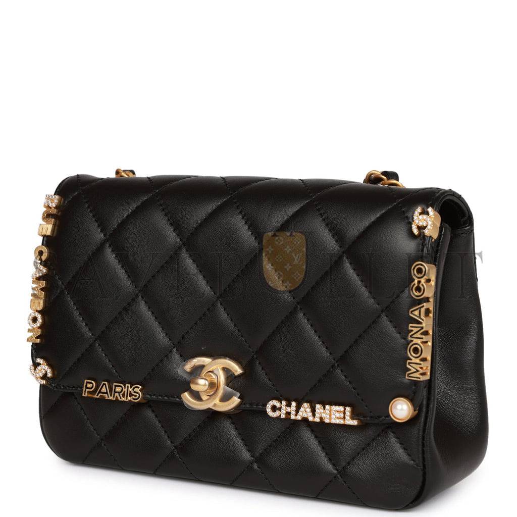 CHANEL MONACO MINI FLAP BAG BLACK LAMBSKIN ANTIQUE GOLD HARDWARE (19*13*8cm)