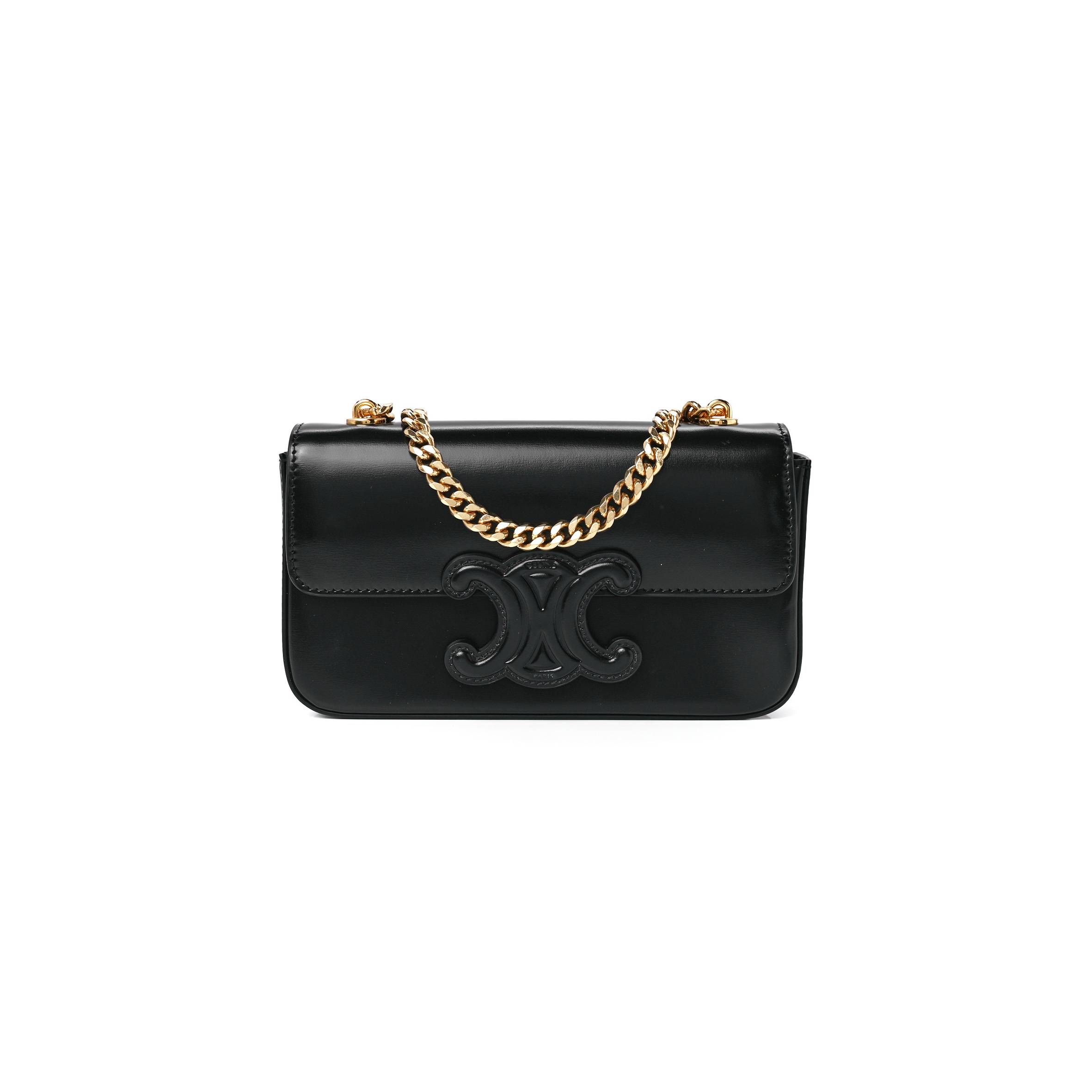 CELINE SHINY CALFSKIN CUIR TRIOMPHE CHAIN SHOULDER BAG BLACK (20*11*4cm)